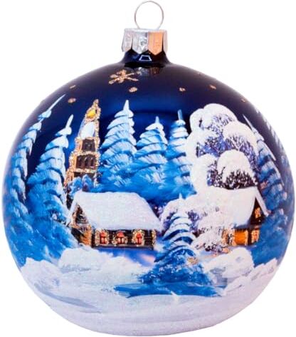 Vitbis Ornamento per albero di Natale lucido blu marino con paesaggio invernale chiesa grande decorazione 15 cm di diametro fatto a mano dipinto a mano sfera soffiata a bocca idea regalo