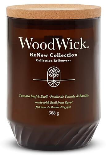 Woodwick ReNew Candela profumata con stoppino scoppiettante   Tomato Leaf & Basil   Miscela di cera di cocco e soia a base vegetale   Realizzata con materiali riciclati   Doni perfetti per donne