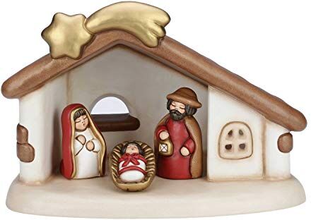 THUN ® Presepe Completo Set Capanna: Sacra Famiglia Versione Rossa Statuine Presepe Classico Ceramica I Classici