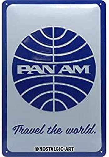 ART Targa Vintage Pan Am – Logo White – Idea Regalo per Amanti dei Viaggi, in Metallo, Design Retro per Decorazione, 20 x 30 cm