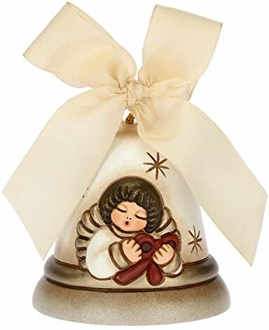 THUN Campanella Bianca Limited Edition 2021 con Angelo Ceramica e Nastro d'Organza Linea Natale Living, Arredare la Casa Ø 7 cm; 8 cm h; Nastro Beige 45 cm