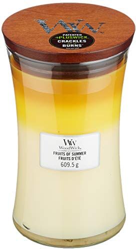 Woodwick Hourglass Trilogy Candela Profumata Grande Con Stoppino Scoppiettante, Frutta Estiva, Fino A 130 Ore, Giallo (Fruits of Summer), 609 G