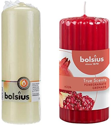 Bolsius Stumpenkerze, per Uso Interno ed Esterno, 200 x 70 mm, Avorio & Candela Profumata Pillar 120/58 mm Colonna Zigrinata, Colore Rosso, Fragranza Melograno, True Scents