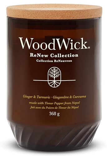 Woodwick ReNew Candela profumata con stoppino scoppiettante   Ginger & Turmeric   Miscela di cera di cocco e soia a base vegetale   Realizzata con materiali riciclati   Doni perfetti per donne