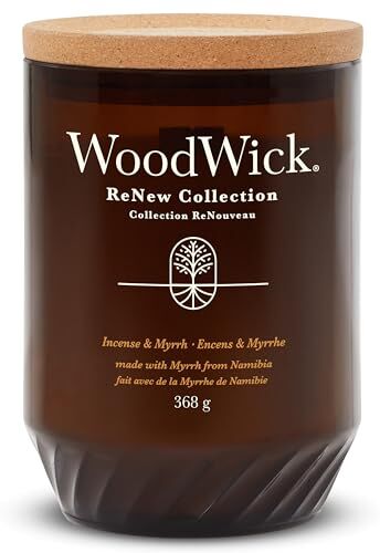 Woodwick ReNew Candela profumata con stoppino scoppiettante   Incense & Myrrh   Miscela di cera di cocco e soia a base vegetale   Realizzata con materiali riciclati   Doni perfetti per donne