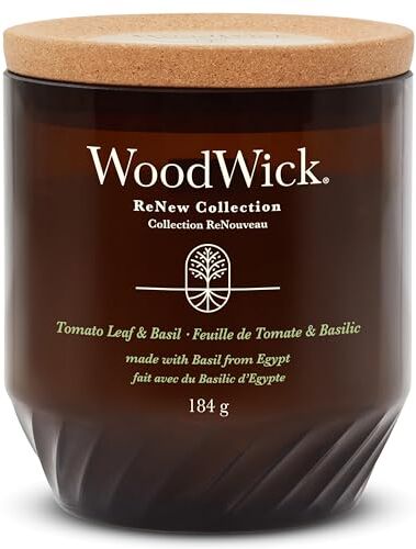 Woodwick ReNew Candela profumata con stoppino scoppiettante   Tomato Leaf & Basil   Miscela di cera di cocco e soia a base vegetale   Realizzata con materiali riciclati   Doni perfetti per donne