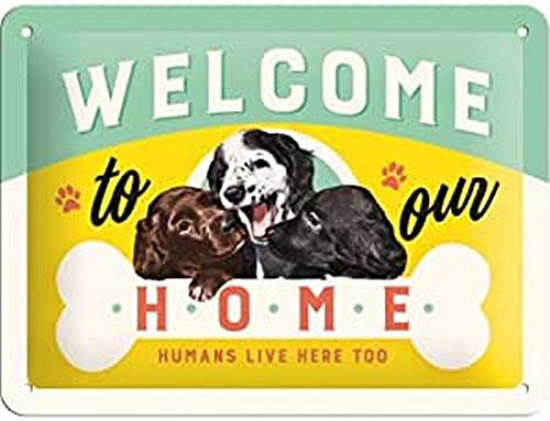 ART Targa Vintage Welcome Puppies – Idea Regalo per Proprietari di Cani, in Metallo, Design Retro per Decorazione, 15 x 20 cm