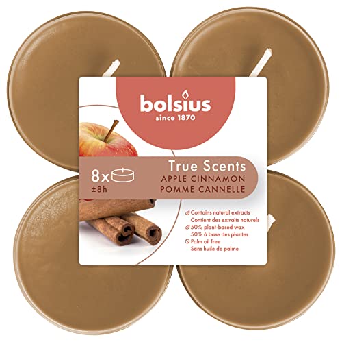 Bolsius True Scents Tealights Profumati Fragranza Mela e Cannella Set di 8 Pezzi Colore Caramello Lunga Durata di 8 Ore Estratti Naturali Candela Decorativa Cera Senza Fumo