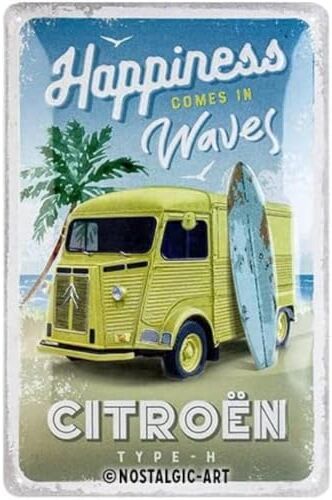 ART Targhe Vintage Citroen Type H – Happiness – Idea Regalo per Accessori per Auto, in Metallo, Design Retro per Decorazione, 20 x 30 cm