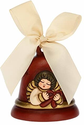 THUN Campanella Rossa Limited Edition 2021 con Angelo Ceramica e Nastro d'Organza Linea Natale Living, Arredare la Casa Ø 7 cm; 8 cm h; Nastro Beige 45 cm