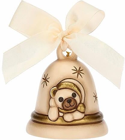 THUN Campanella Limited Edition 2023 Crema con Teddy in Ceramica Decorata a Mano, Decorazioni Natale Casa, 7.3x7.3x8.5 cm h