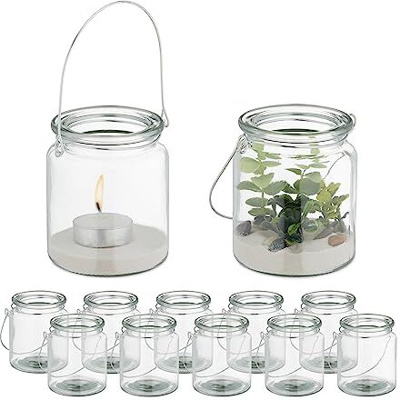 Relaxdays Vasetti Portacandele, Set 12, Vasi in Vetro, Bicchieri Lanterne, Manico, HxD 9,5 x 8 cm, Trasparente Argentato, 80% 20% Ferro