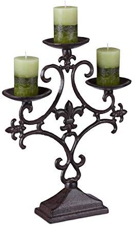 Relaxdays Portacandele Antico, Candeliere a 3 Bracci, Candelabro Esterno, Centrotavola, 28,5x23x7,5 cm, Ghisa, Marrone