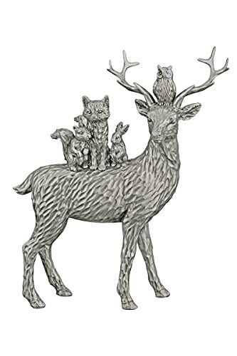 Gilde Scultura decorativa a forma di cervo con abitanti della foresta, in resina, colore: argento, 23 x 22 cm