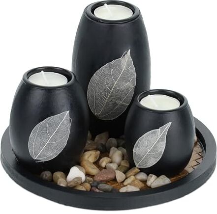 Relaxdays Portacandele Decorativo con Vassoio e Pietre, Ø 19,5 cm, Decorazione per Tavolino e Soggiorno, Nero Marrone, Fibra di Legno