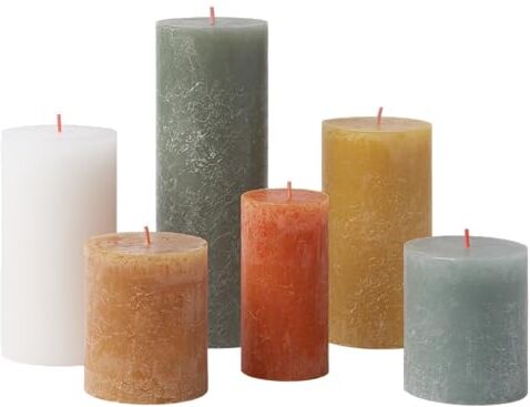 Bolsius Candele rustiche a colonna, set regalo da 6, candele decorative per la casa, durata della combustione, non profumate, cera vegetale naturale, senza olio di palma