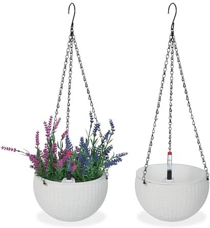 Relaxdays Vasi da Appendere, Set da 2, Fioriera Autoirrigante per Piante da Interno, Portafiori con Serbatoio, Bianco