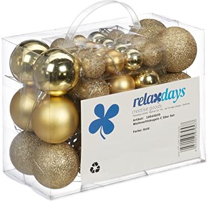 Relaxdays Palline di Natale, in Set da 50, Addobbi Natalizi, Opache, Lucide, Glitterate, ∅ 3,4 e 6 cm, Decorazioni, Oro