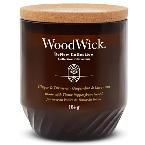 Woodwick Candela profumata  ReNew con stoppino scoppiettante, Candela media di Ginger & Turmeric, Miscela di cera di cocco e soia a base vegetale, Realizzata con materiali riciclati.