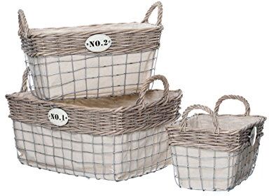 PREMIER LIDA Set di 3 Cestini Rettangolari Porta Biancheria Intrecciati, Tessuto/Metallo/Willow, Naturale