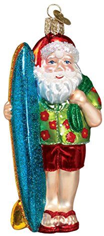 Old World Christmas Beach Gifts Ornamenti in vetro soffiato per albero di Natale surfista Babbo Natale, verde, rosso, blu, 5.25