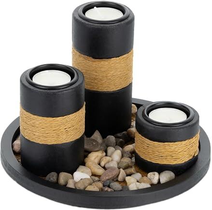 Relaxdays Portacandele Decorativo con Vassoio e Pietre, Ø 19,5 cm, Decorazione per Tavolino e Soggiorno, Nero Marrone, Fibra di Legno