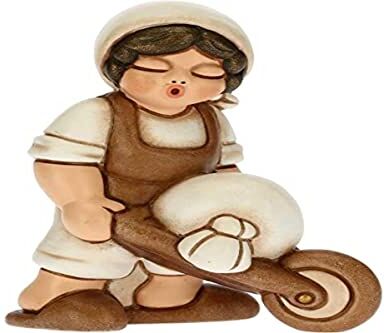 THUN Statuina Presepe Uomo con Carriola Decorazioni Natale Casa Linea Presepe Classico, Variante Bianca Ceramica 6 x 4 x 8 h cm