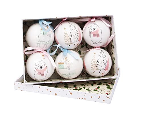 Ciao - Set 6 sfere decoupage ornamentali Merry Christmas Albero, Renna e Gufo (Ø 7,5 cm) con nastro in tessuto per albero di Natale in giftbox