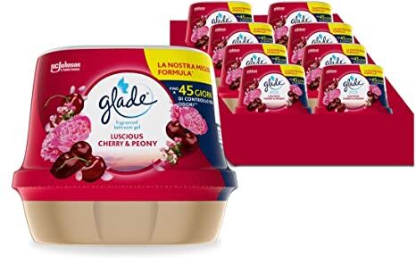 glade Gel Bagno Profumatore per ambienti, Fragranza Luscious Cherry & Peony, Fino a 45 Giorni di Controllo degli Odori, Formato Scorta da 8 Pezzi da 180 gr