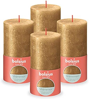 Bolsius Candele rustiche pilastro Shimmer Oro 13cm Confezione da 4 -Non gocciolamento Candele non profumate