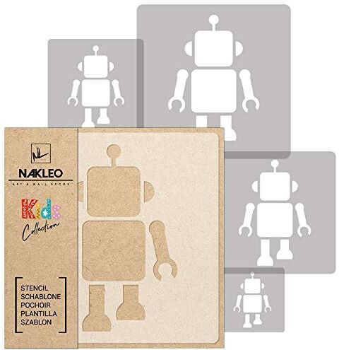 NAKLEO 5 pezzi riutilizzabili stencil di plastica Robot Macchina Giocattolo 34x34cm a 9x9cm Decorazioni Stanza Bambini Pittura Motivi Mobili Parete fai-da-te Artigianato