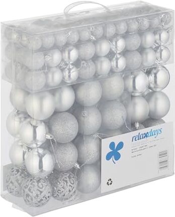 Relaxdays Set da 150 Palline di Natale, Addobbi Natalizi, Opache, Lucide, Glitterate, ∅ 3,4 e 6 cm, Decorazioni, Argento