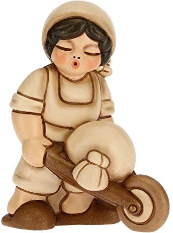 THUN Statuina Presepe Uomo con Carriola Decorazioni Natale Casa Linea Presepe Classico, Variante Beige Ceramica 6 x 4 x 8 h cm