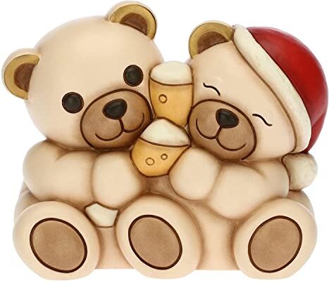 THUN Natale 2022 Soprammobile Coppia Teddy Che Brinda in Ceramica Decorata a Mano Idea Regalo Natale 2022-14.5x10x12 cm h