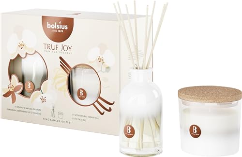 Bolsius Set regalo True Joy Candela profumata e diffusore a bastoncini Vanilla Delight Candele decorative per la casa Lunga durata Cera vegana naturale Senza olio di palma Estratti