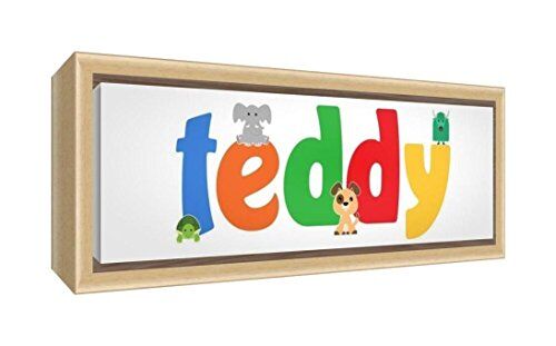 ART Tela incorniciata con cornice in legno naturale massiccio, motivo illustrazione con nome del ragazzo (25 x 63 x 3 cm, medio, Teddy