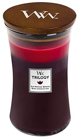 Woodwick Hourglass Trilogy Candela Profumata Grande Con Stoppino Scoppiettante, Frutti Di Bosco Maturati Al Sole, Fino A 130 Ore, Multicolore (Sun-Ripened Berries), 10.2x 10.2 x 17.8 cm, 610 gr