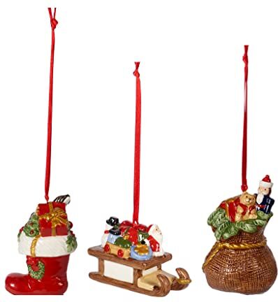 Villeroy & Boch – Nostalgic Ornaments set di addobbi motivo regali 3 pz., addobbi per l’albero a forma di calza, slitta e sacco dei regali in porcellana dura, multicolore