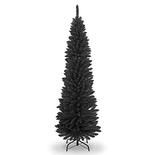 SHATCHI Albero di Natale artificiale floccato sottile, decorazione per la casa con punte appuntite e supporto in metallo, nero, 2,1 m