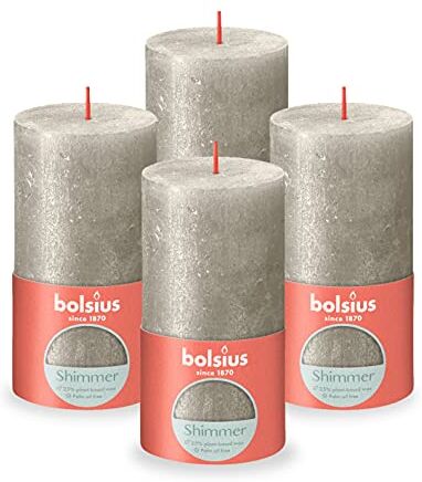 Bolsius Candela rustica a pilastro luccicante Champagne 13 cm Confezione da 4 -Non gocciolante Candele non profumate