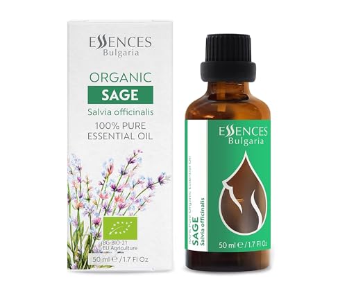 Essences Bulgaria Olio Essenziale di Salvia Biologico 50ml Salvia officinalis   100% Puro e Naturale   Non Diluito   Grado Terapeutico   Fattoria a Conduzione Familiare   Distillato a vapore   Vegano