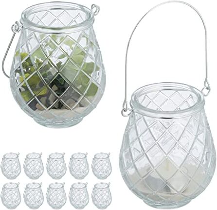 Relaxdays Vasetti Portacandele, Set 12 Vasi in Vetro Ampolle con Manico Indoor Outdoor HxD, 5cm, Trasparente Argento, 10x8,5 cm