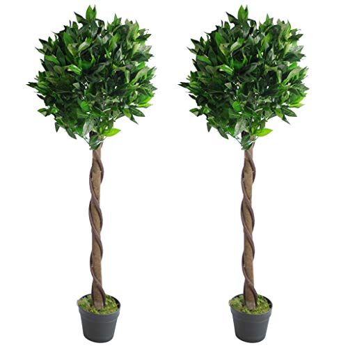Leaf -7089-PAIR- Coppia di alberi artificiali a forma di baia topiaria di alloro, torsione verde, 120 cm