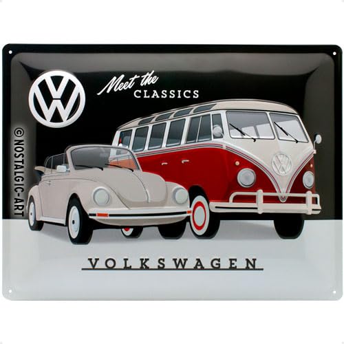 Nostalgic Art Retro Blechschild Targa Vintage Volkswagen – VW – Meet The Classics – Idea regalo per i bus VW, in metallo, Design retro per decorazione, 30 x 40 cm