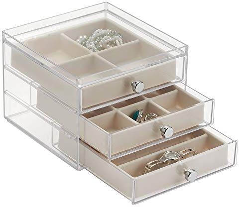 InterDesign iDesign Clarity Jewelry Organizer Gioielli, Scatola Per Gioielli Con 3 Cassetti E 17 Scomparti, Porta Gioielli Con Protezione Anti-Graffio , Plastica Trasparente/Avorio