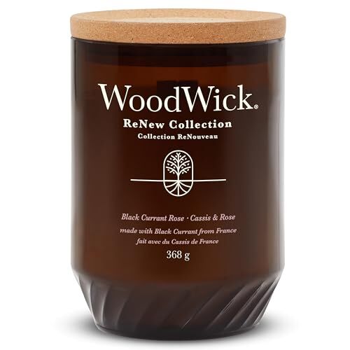 Woodwick Candela profumata  ReNew con stoppino scoppiettante, Candela grande di Black Currant & Rose, Miscela di cera di cocco e soia a base vegetale, Realizzata con materiali riciclati