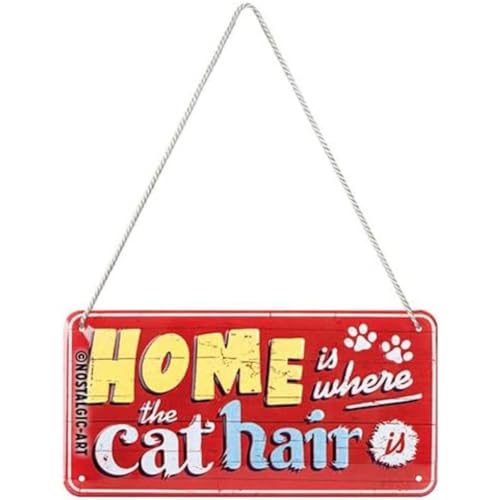 ART Targa da appendere, Home is where the cat hair is – Idea regalo per amanti di gatti, metallo, Design retrò per decorazione, 10 x 20 cm,