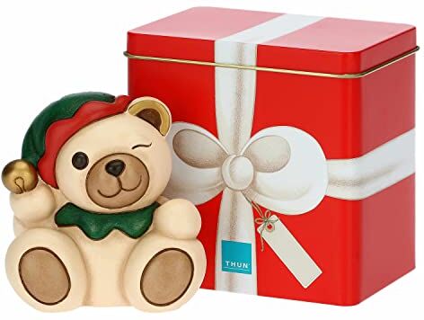 THUN Natale 2022 Soprammobile Teddy Elfo in Ceramica Decorata a Mano Idea Regalo Natale 2022 con Scatola in Latta 10x7.5x11.5 cm h