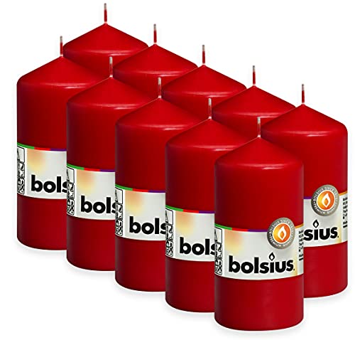 Bolsius Candele a pilastro lisce, colore rosso, set da 10 pezzi, candele decorative per la casa, lunghezza 33 ore, non profumate, per piante naturali, 12 x 6 cm