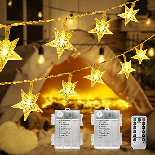 TOGAVE Luci LED a Batteria, [2 Pezzi] 5.5M 50LED Catene Luminose Stelle Luci della Stringa con 8 Modalità,Telecomando e Funzione Timer Luci delle Fate Bianco Caldo Deco per Matrimonio, Natale